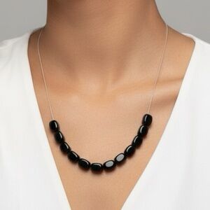 Elegant Black Sterling Silver Necklace Genuine Black Agate 8099